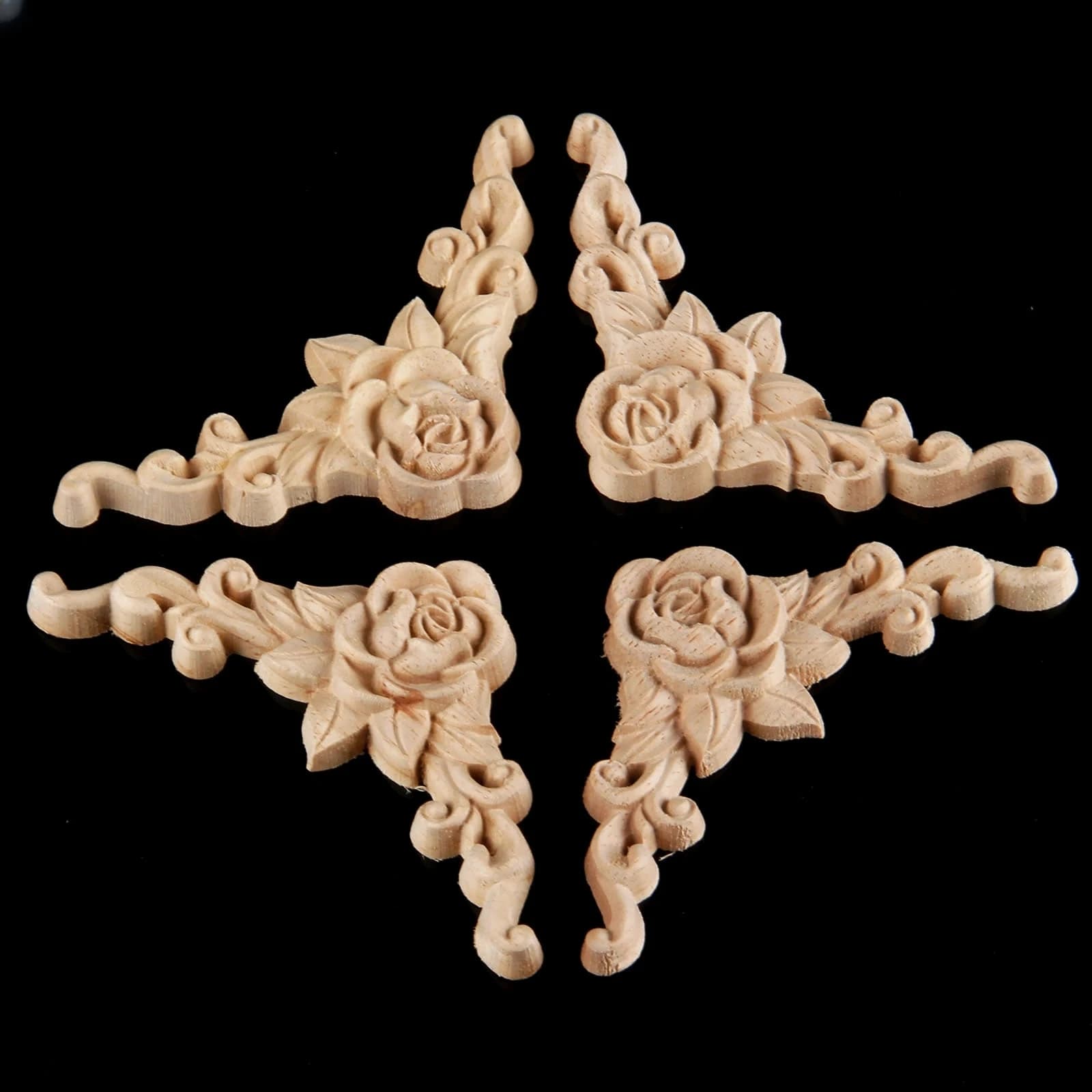 Appliques en bois à motif de Rose, 4 pièces, Onlays pour meubles, décor d'angle sculpté à la main pour la maison, porte murale, porte d'armoire, 8x8cm