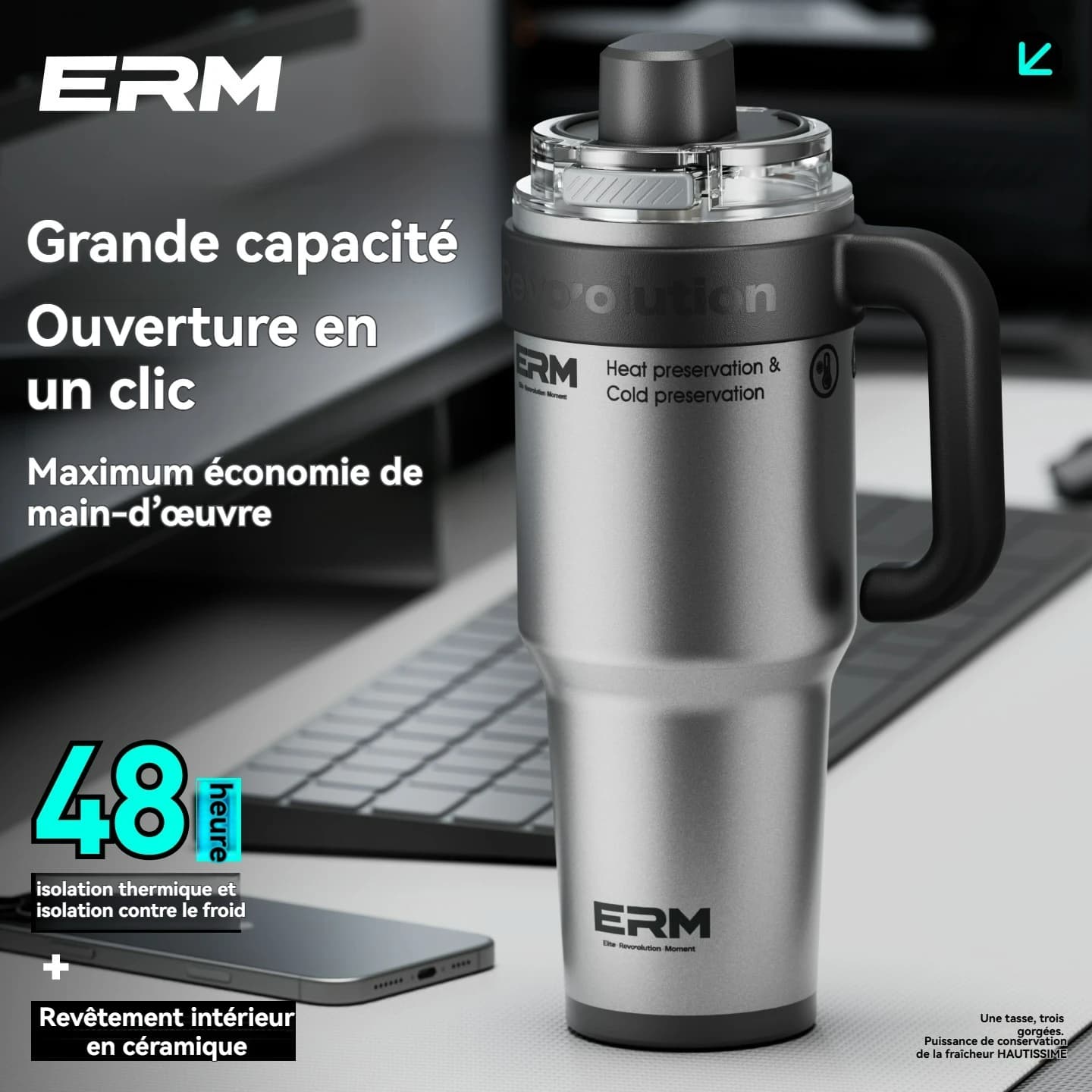 Bouteille d’eau isotherme en céramique extra-large de 1200 ml avec paille et poignée, anti-fuite, en acier inoxydable